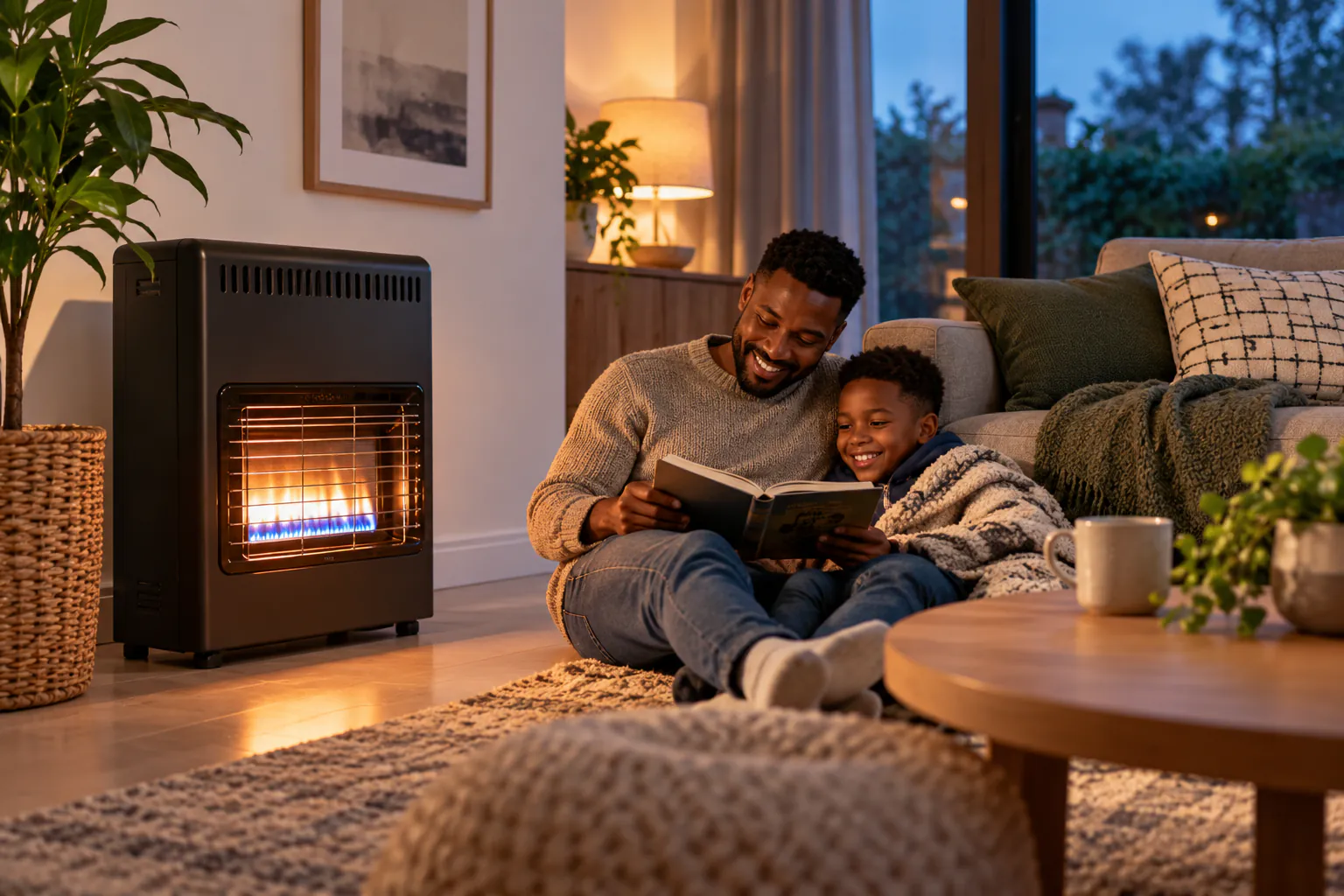A man and a boy reading on the lounge floor beside a lit gas heater in the evening.