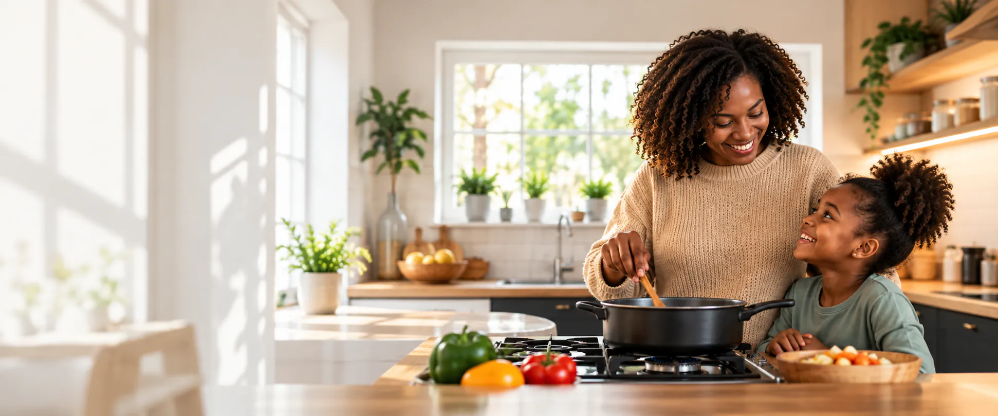A mother stirring a pot on a gas hob while her daughter smiles up at her in a sunlit kitchen.