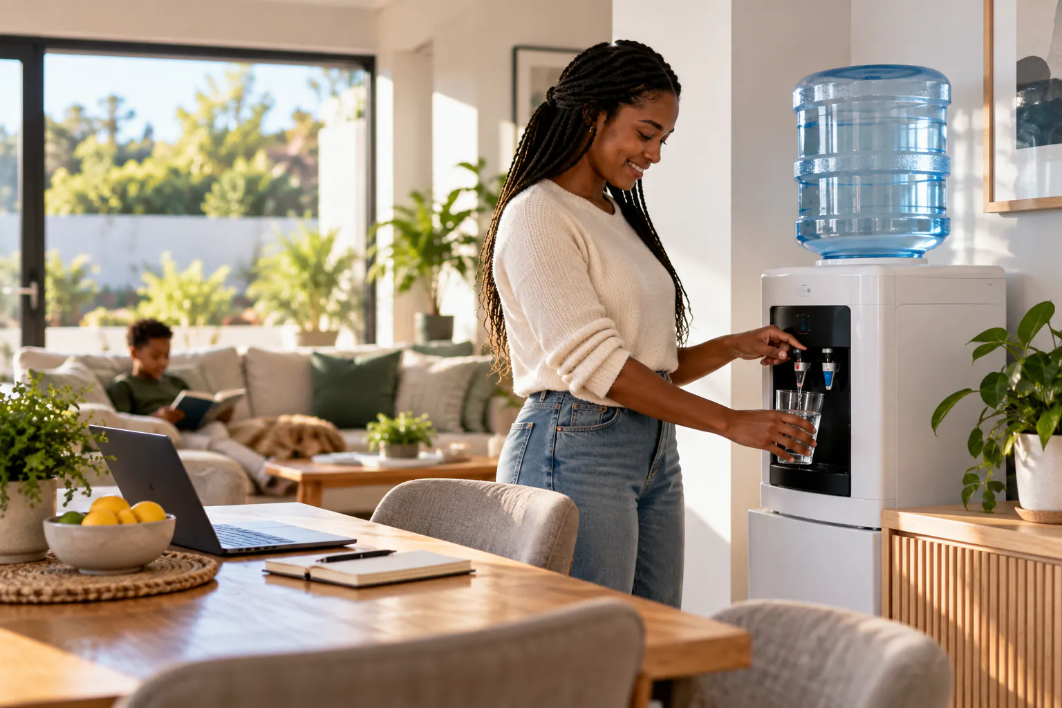 A woman filling a glass from a 20 L water dispenser in a bright open-plan living area.